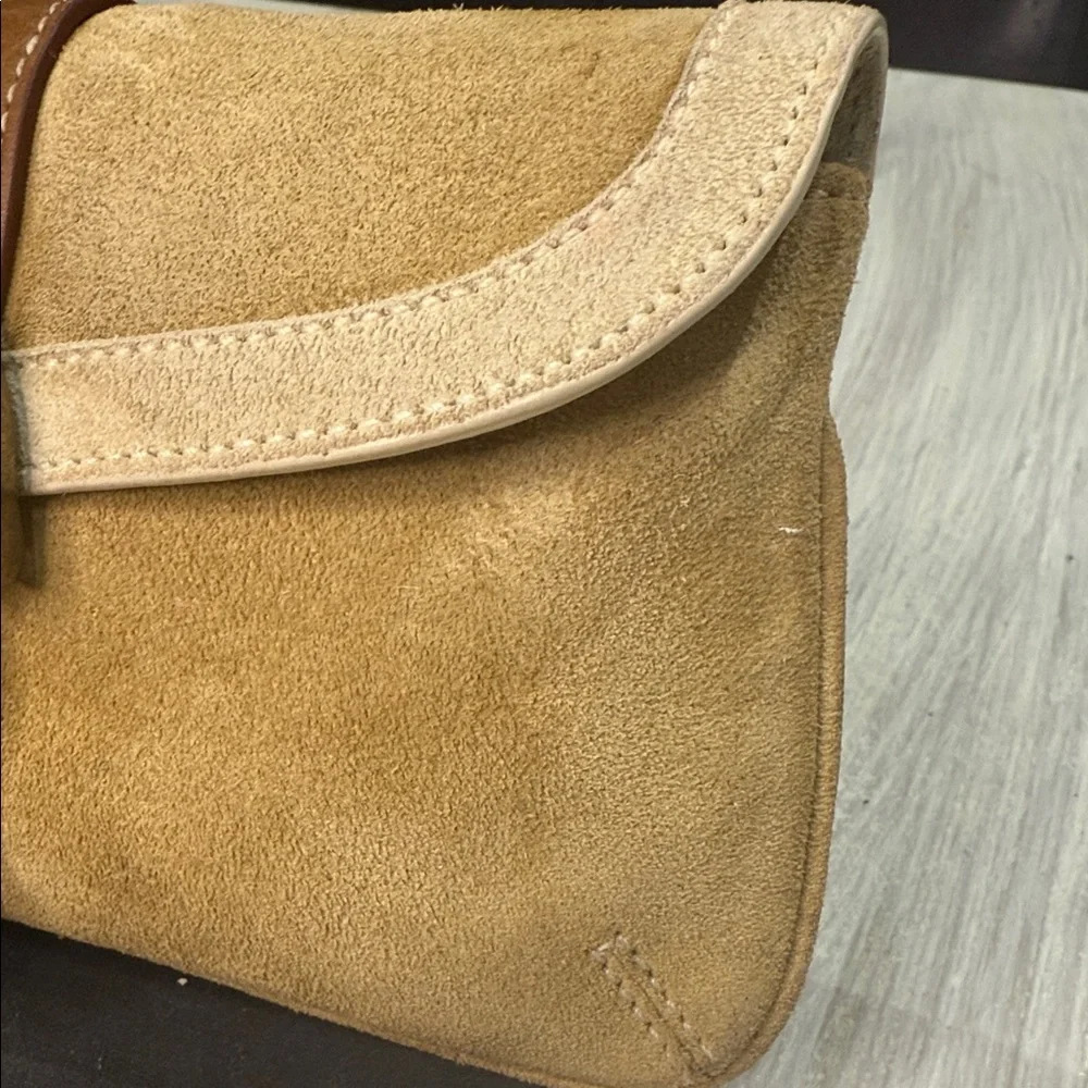 Vintage Coach Legacy Tan and Brown Suede Wristlet with Gold Hardware